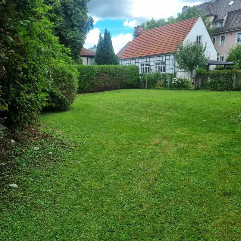 Eine frisch gemähte, große Rasenfläche bei der professionellen Objektbetreuung in Rohrdorf nahe Rosenheim.