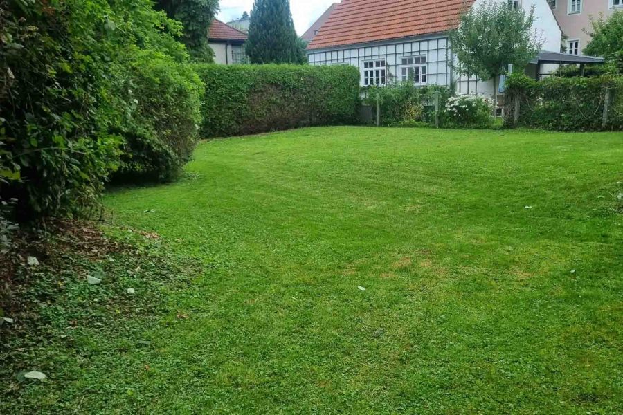 Eine frisch gemähte, große Rasenfläche bei der professionellen Objektbetreuung in Rohrdorf nahe Rosenheim.