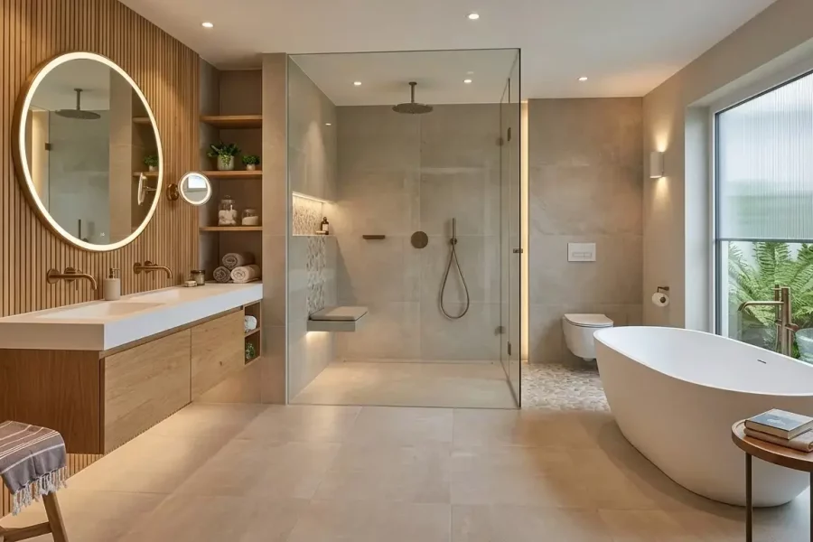 Modernes Luxus-Badezimmer mit freistehender Wanne und Holzoptik bei einer exklusiven Badgestaltung in Rohrdorf bei Rosenheim.