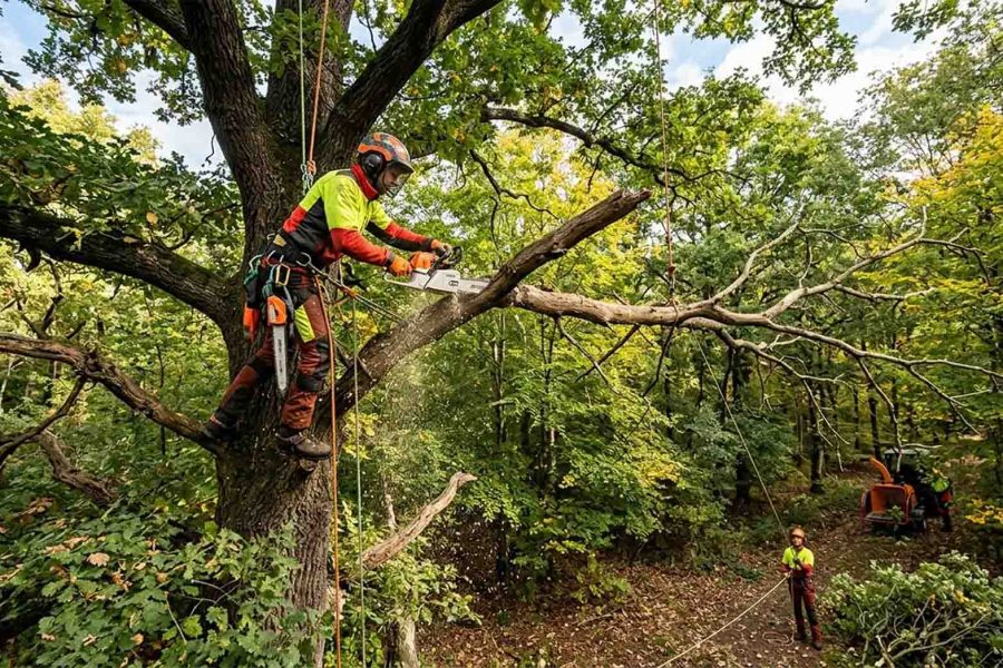 Baumpfleger entfernt mit einer Kettensäge Totholz aus einer Baumkrone für die Baumpflege in Rohrdorf bei Rosenheim.